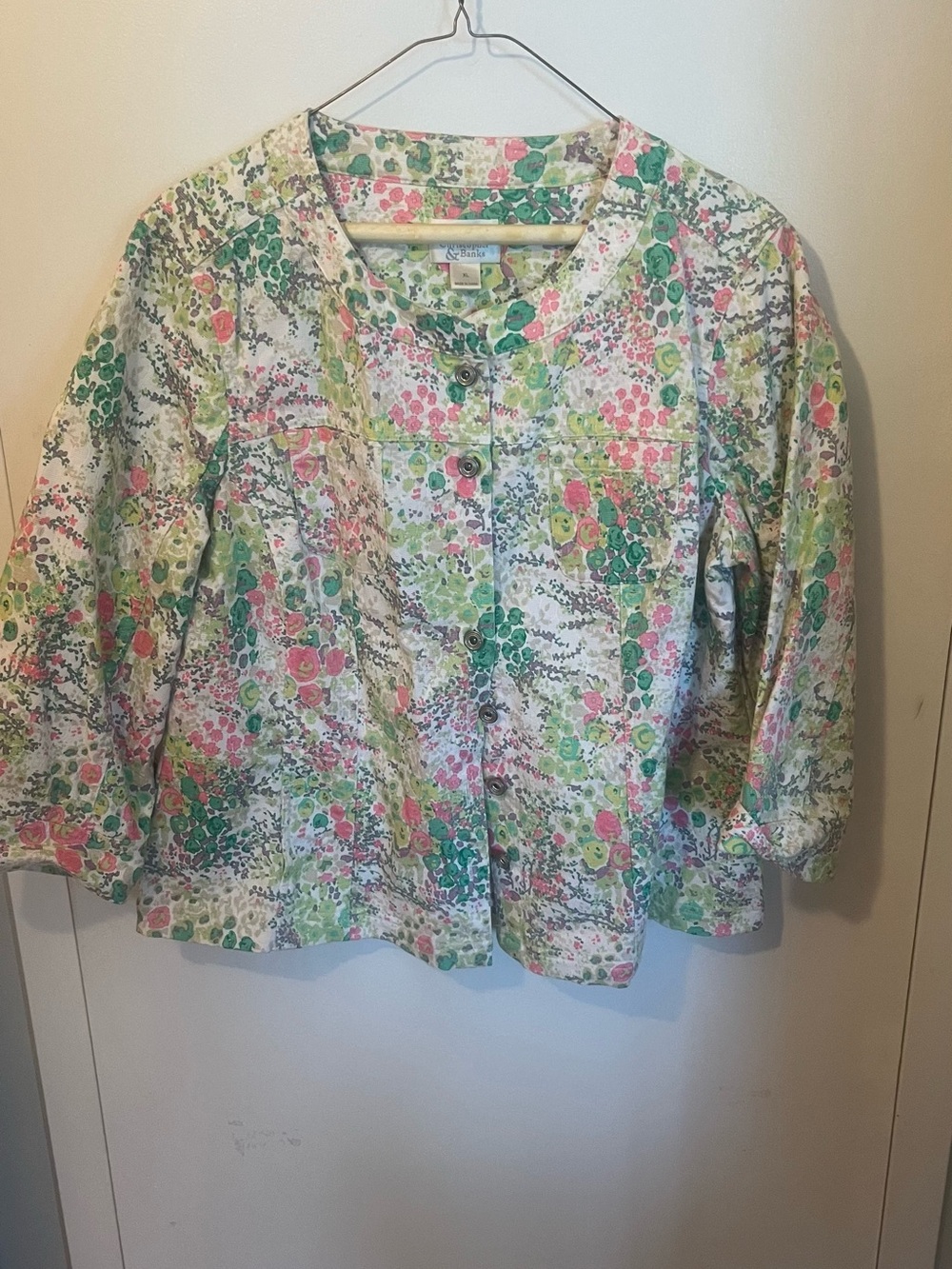 Christopher & Banks Floral Pastel Button-Front Jacket - Pink, Green, White